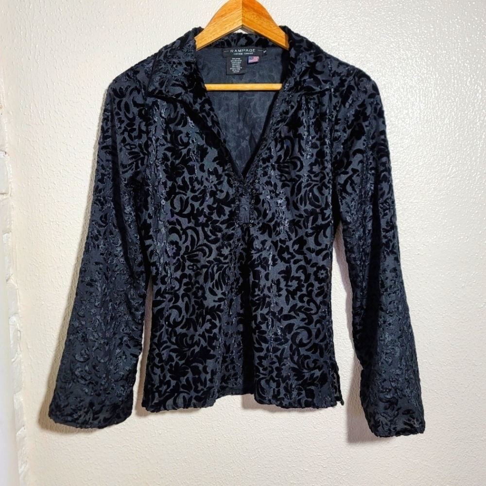 90s y2k Rampage Velvet Burnout Sequin Neck Disco Whimsigoth Blouse sz S Black